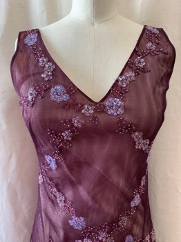 BCBG MAX AZRIA, Plum Purple, Polyester, V-neck, Sleeveles, Embroidered, Beaded, & Sequins Flowers, Ruffle Layers, Sequins & Bead Trim on Each Layer, Midi Dress