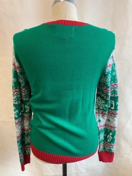 Mens, Pullover Sweater, UGLY CHRISTMAS SWTR., Gray, Red, Green, Cotton, Acrylic, Holiday, 38, S, Elves Crossing The Street Like The Beatles, Snowflakes Musical Notes, L/S,