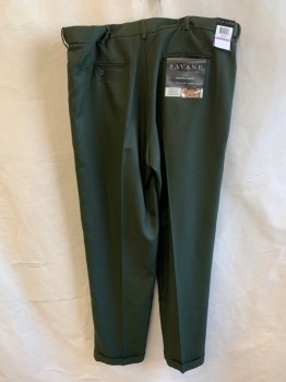 Mens, Pants, SAVANE, Dk Olive Grn, Polyester, Solid, 38/33, Pleated Front, Zip Fly, 4 Pockets, Belt Loops, Cuffed