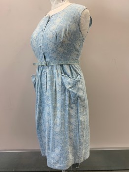 NO LABEL, Baby Blue, Cream, Cotton, Polyester, Floral, Sleeveless, Round Neck, Button Front, Top Pockets, Pleated Skirt, With Matching Belt