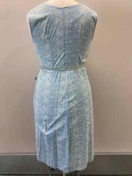 NO LABEL, Baby Blue, Cream, Cotton, Polyester, Floral, Sleeveless, Round Neck, Button Front, Top Pockets, Pleated Skirt, With Matching Belt