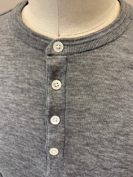 Mens, Pullover Sweater, ONTHISDAY, Gray, Wool, Heathered, L, Henley 4 Button Closure, Band Collar, L/S