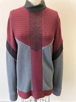 Womens, Sci-Fi/Fantasy Top, MTO, Red Burgundy, Gray, Polyester, Textured Fabric, 40, Heathered Turtle Neck, L/S, Quilted, Pique, Waffle Inset, Piping Trim, CB Zip