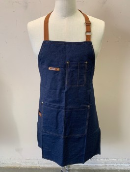 KOPADA, Denim Blue, Brown, Poly/Cotton, Solid, Deep Blue Denim, Brown Twill Neck Adjustable Neck Strap and Side Ties, 4 Pockets/Compartments,  Twill Accent Loop at Side of Pocket, Tan Top Stitching, Multiples
