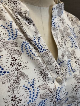 Womens, Blouse, ANN TAYLOR PETITE, White, Espresso Brown, Royal Blue, Polyester, Floral, Dots, XSP, Crepe, Long Sleeves, Button Front, Band Collar with V-Notch, Self Fabric Covered Buttons