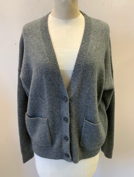 Womens, Sweater, MADEWELL, Multi-color, Wool, Synthetic, Heathered, S, L/S, Button Front, 2 Pockets, Variegated Gray/Brown/Taupe Yarn, Dark Brown Swirl Buttons