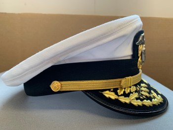 Mens, Hat, Military Uniform, BERNARD, White, Black, Gold, Polyester, Plastic, Solid, Floral, 7.5, Navy Officer, Round Crown with Embroidery On Bill, Band, Gold And Silver Naval Cap Device