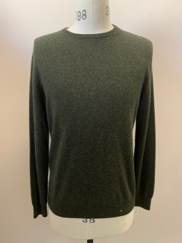 Mens, Pullover Sweater, J. CREW, Dk Green, Cashmere, Solid, Heathered, M, CN,