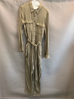 Womens, Jumpsuit, FOREVER 21, Olive Green, Rayon, Viscose, L, Faded, Matching Belt, C.A., Button Front, L/S, 2 Chest Pockets, 2 Waist Pockets