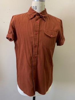 Mens, Casual Shirt, JACHS , Rust Orange, Cotton, Solid, M, B.F., Short Sleeves, Double  Button Down Collar Attached, Folded Cuffs with 1 Button, 1 Flap Pkt.