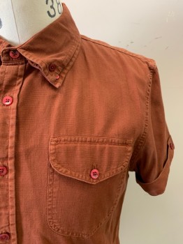 Mens, Casual Shirt, JACHS , Rust Orange, Cotton, Solid, M, B.F., Short Sleeves, Double  Button Down Collar Attached, Folded Cuffs with 1 Button, 1 Flap Pkt.