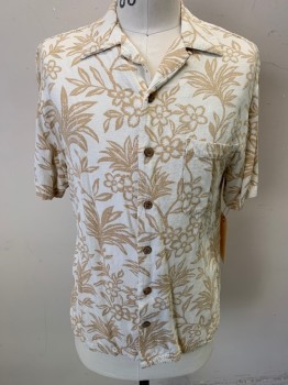 Mens, Casual Shirt, HAVANA JACKS CAFE, Lt Brown, Cream, White, Rayon, Tropical , S, Short Sleeves, Button Front, Collar Attached, 1 Pocket,