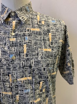 Mens, Casual Shirt, Tori Richard, Black, Off White, Mustard Yellow, Blue, Cotton, Abstract , L, S/S, Button Front, Collar Attached, Chest Pocket