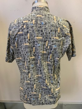 Mens, Casual Shirt, Tori Richard, Black, Off White, Mustard Yellow, Blue, Cotton, Abstract , L, S/S, Button Front, Collar Attached, Chest Pocket