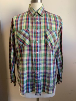 Country Touch, Green, Navy Blue, Lime Green, Wine Red, Red, Polyester, Cotton, Plaid, L/S, Button Front, Collar Attached, Chest Pockets,