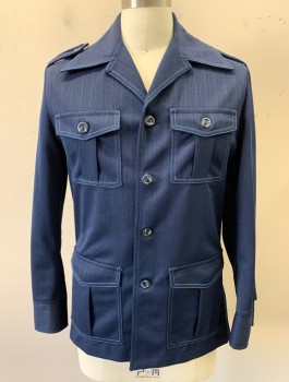 Mens, Blazer/Sport Co, HABAND, Navy Blue, Polyester, Solid, 40, Leisure Jacket, Light Blue Top Stitching, 4 Buttons, Collar Attached, Epaulets at Shoulders, 4 Pockets, No Lining