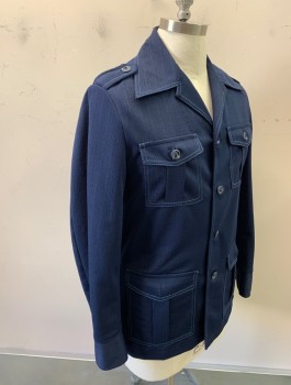 HABAND, Navy Blue, Polyester, Solid, Leisure Jacket, Light Blue Top Stitching, 4 Buttons, Collar Attached, Epaulets at Shoulders, 4 Pockets, No Lining