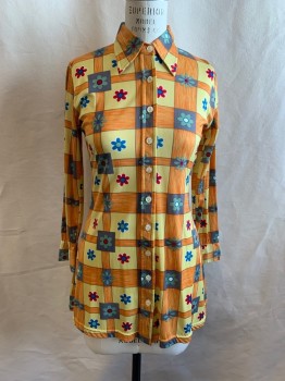 Womens, Shirt, ECOTE, Orange, Lt Yellow, Red, Blue, White, Nylon, Floral, Plaid, B36, Collar Attached, Button Front, Long Sleeves, 2 Button Cuffs
