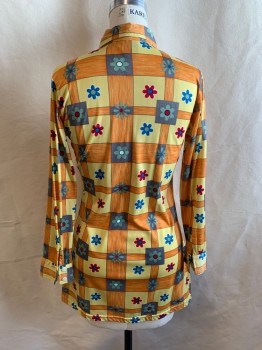 Womens, Shirt, ECOTE, Orange, Lt Yellow, Red, Blue, White, Nylon, Floral, Plaid, B36, Collar Attached, Button Front, Long Sleeves, 2 Button Cuffs
