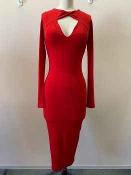 NOOKIE, Red, Polyester, Spandex, Solid, L/S, Crew Neck, Keyhole Chest, Body Con, Back Zipper,