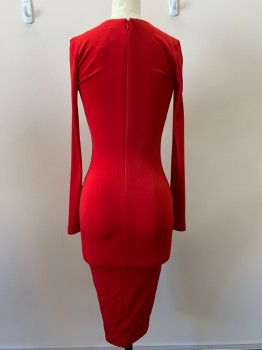 NOOKIE, Red, Polyester, Spandex, Solid, L/S, Crew Neck, Keyhole Chest, Body Con, Back Zipper,