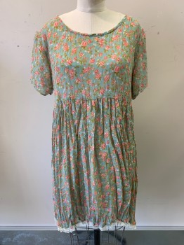 Elisse, Sea Foam Green, Pink, Green, Polyester, Floral, S/S, Scoop Neck, Pleated, Lace Bottom Trim