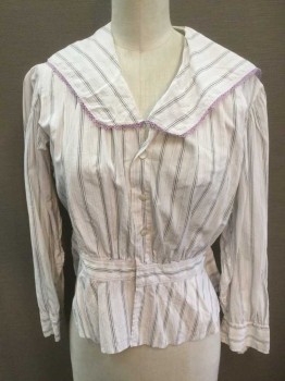 N/L, White, Lavender Purple, Charcoal Gray, Lt Blue, Cotton, Stripes - Pin, White with Lavender, Black, Light Blue Pinstripes, 3/4 Sleeve Button Front, Wide Sailor Collar with Lavender Lace Trim, Mother Of Pearl Buttons, 1" Wide Self Waistband with Peplum Bottom, Puffy Sleeves with Gathered Shoulders, Button Cuffs,