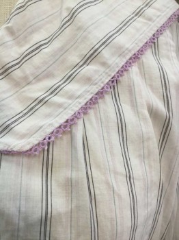 Womens, Blouse 1890s-1910s, N/L, White, Lavender Purple, Charcoal Gray, Lt Blue, Cotton, Stripes - Pin, B:38, White with Lavender, Black, Light Blue Pinstripes, 3/4 Sleeve Button Front, Wide Sailor Collar with Lavender Lace Trim, Mother Of Pearl Buttons, 1" Wide Self Waistband with Peplum Bottom, Puffy Sleeves with Gathered Shoulders, Button Cuffs,