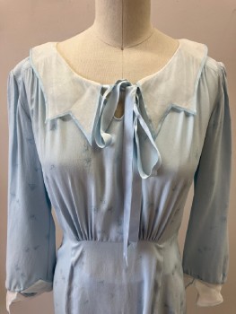 Womens, Dress, N/L, Lt Blue, White, Silk, Organza/Organdy, Solid, Floral, W26, B34, Sheer White C.A., with String Attached , L/S, With Cuffed Slvs, Pleated At CF, Side Zipper