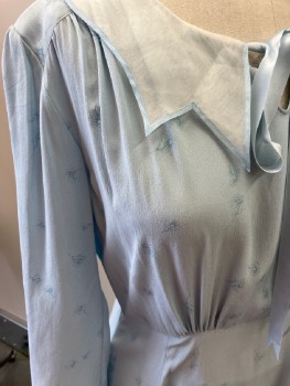 N/L, Lt Blue, White, Silk, Organza/Organdy, Solid, Floral, Sheer White C.A., with String Attached , L/S, With Cuffed Slvs, Pleated At CF, Side Zipper