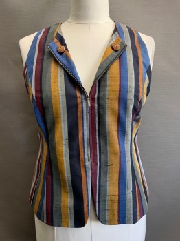 ANNE KLEIN, Black, Blue, Gray, Goldenrod Yellow, Red Burgundy, Polyester, Stripes - Vertical , Zip Front, Folded With Buttons,