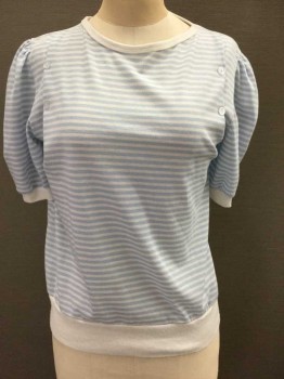 Womens, Top, N/L, Lt Blue, White, Cotton, Stripes, B: 38, Jersey, Half Sleeves, White Ribbed Cuffs, Waistband & Collar, "Double Breasted" Look W/2 Rows Of Buttons On Tucks From Shoulders To Chest, Round Neck, Early 1980's