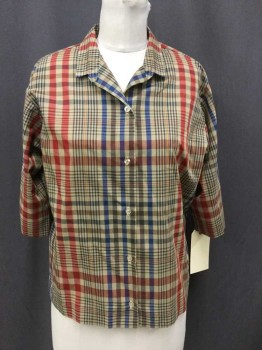 MAJESTIC, Tan Brown, Brown, Blue, Red, Polyester, Plaid, Half Sleeve, Button Front, Collar Attached,