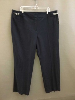 Womens, Slacks, ELLEN TRACY, Navy Blue, Polyester, Lycra, Solid, 22W, High Rise, Straight Leg, Zip Fly, With Wide Waistband. Silver Chain Detail At Side Waist, 3 Pockets,