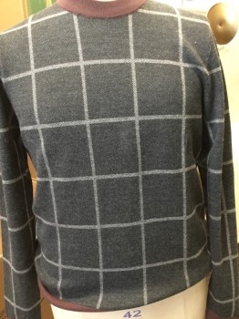 Mens, Pullover Sweater, TED BAKER, Gray, White, Plum Purple, Wool, Acrylic, Check , XL, Gray with White Check, Plum Crew Neck, Cuffs & Hem, Pull Over