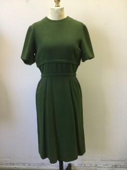 N/L, Olive Green, Wool, Solid, Crew Neck, Short Sleeves, Fitted at Waist with Double Horizontal  Line. Pilly Under Arms. Zipper Center Back. Small Moth Hole at Left Shoulder