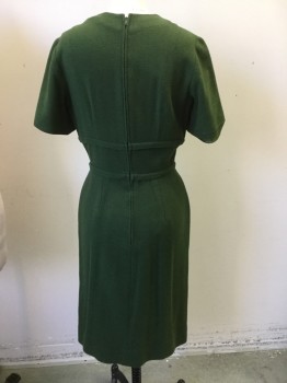 N/L, Olive Green, Wool, Solid, Crew Neck, Short Sleeves, Fitted at Waist with Double Horizontal  Line. Pilly Under Arms. Zipper Center Back. Small Moth Hole at Left Shoulder