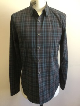THEORY, Charcoal Gray, Gray, Teal Blue, Purple, Cotton, Plaid, Button Front, Collar Attached, Kimono Sleeves,