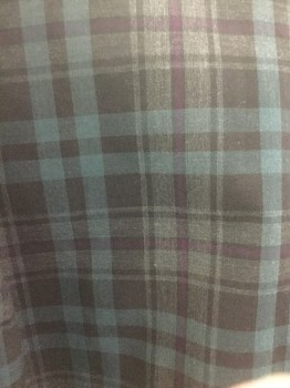 THEORY, Charcoal Gray, Gray, Teal Blue, Purple, Cotton, Plaid, Button Front, Collar Attached, Kimono Sleeves,