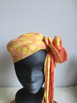 Womens, Hat, N/L, Pink, Orange, Yellow, Maroon Red, Polyester, Abstract , S, Pleated Turban, with Self Large Flower with Orange Backing, Maroon Fuzzy Button In Flower, Self/orange/yellow Straps Hanging From Flower