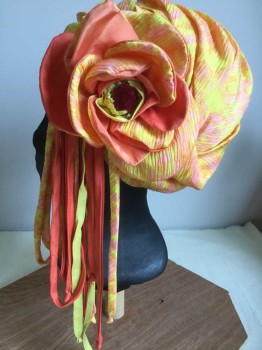 Womens, Hat, N/L, Pink, Orange, Yellow, Maroon Red, Polyester, Abstract , S, Pleated Turban, with Self Large Flower with Orange Backing, Maroon Fuzzy Button In Flower, Self/orange/yellow Straps Hanging From Flower