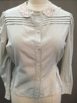 N/L, Lt Green, White, Cotton, Lace, Solid, Very Pale Green, Long Sleeve Button Front, White Lace Collar Attached, 4 Horizontal 1/2" Pleats At Chest, Back, and Cuffs, Elastic At Sides Of Waist, Made To Order,