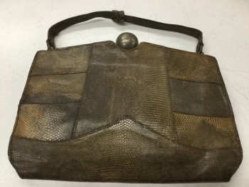 N/L, Brown, Snakeskin/Reptile, Reptile/Snakeskin, Dusty Golden Brown Panels Of Snakeskin, Clutch, 3/8" Strap, Large Metal Ball Clasp, Lining Is Gray Faille,