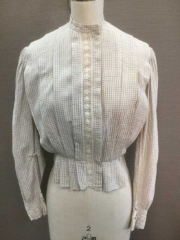 N/L, Off White, Gray, Cotton, Grid , Long Sleeve Button Front, Band Collar,  1 Wide White Lace/Faggoting/Threadwork Vertical Panel At Front & Cuffs, Vertical Pleats At Front On Either Side, Gathered Puff Sleeves, Pleated Gathers At Waist  **Sun/Light Faded At Shoulders,