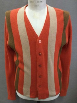 Mens, Sweater, N/L, Rust Orange, Brown, Tan Brown, Color Blocking, Stripes, C 40, M, Cardigan, Knit, Long Sleeves, V-neck, Brown And Tan Columns/Stripes At Front,