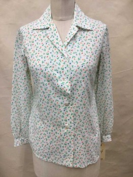 N/L, White, Green, Orange, Blue, Red, Cotton, Floral, Small Tulips Print, Collar Attached,  Button Front, 3/4 Long Sleeves,