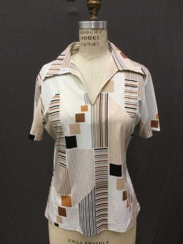MARDI MODES, White, Brown, Gray, Polyester, Geometric, Slit Neck with Open Collar, Short Sleeve,