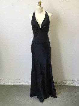 Womens, Evening Gown, MTO, Black, Silk, Solid, W26, B34, Bias Cut Silk Satin Evening Gown. Deep V Neck Halter. T. Back with Deco Style Rhinestone Detail at Back Waist. Hook & Eye and Snap Closure at Left Side Seam