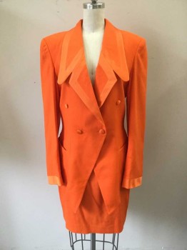 Womens, 1990s Vintage, Suit, Jacket, DROP DEAD, Orange, Linen, Silk, Solid, 34B , 4, Exaggerated Collar, Notched Lapel, 1 Button, Silk Trim 2 Pockets, Angled Split Front From Button Down, Silk Sleeve Hem