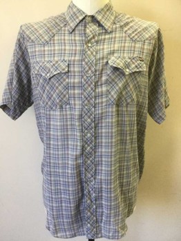 Mens, Western, ROEBUCKS, Gray, Navy Blue, Red Burgundy, White, Cotton, Polyester, Plaid, Plaid-  Windowpane, XL, Short Sleeve Snap Front, 2 Flap Pockets, Snap Faces are Circular Gray with Silver Edge
